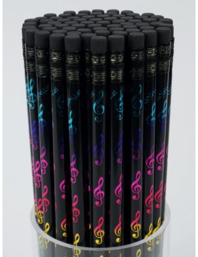 Ceruza, radíros végű, fekete alapon, színes violinkulcsokkal