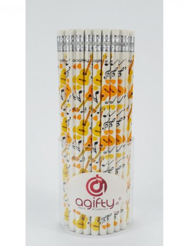 Ceruza, radíros végű, fehér alapon, gitáros mintával