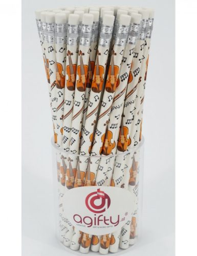 Ceruza, radíros végű, fehér alapon, hegedűs motívumokkal