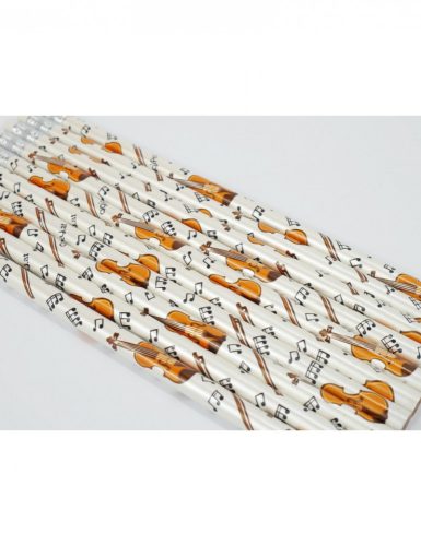 Ceruza, radíros végű, fehér alapon, hegedűs motívumokkal