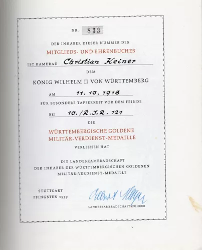 Ehrenbuch der Württembergischen Goldenen Militär-Verdienst-Medaille