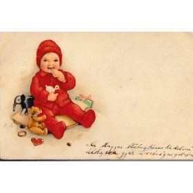 Piros ruhás gyermek, játékokkal